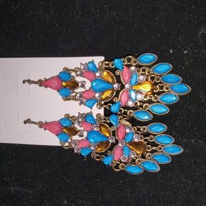 Blue and Pink Chandelier Earrings with Peacock Design